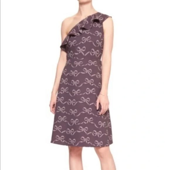 Banana Republic purple one shoulder ruffle bow print dress size 6 - Picture 1 of 9